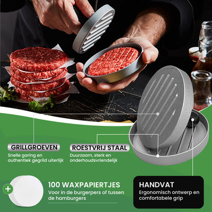 TTD® Hamburgerpers en Hamburgermaker - Smash Burger - Hittebestendig - Strakke Grillgroeven - BBQ Accesoires - BBQ Gereedschap - Barbecue Accessoires - Burger Press - Vaatwasserbestendig - Inclusief 100 Waxpapiertjes - RVS