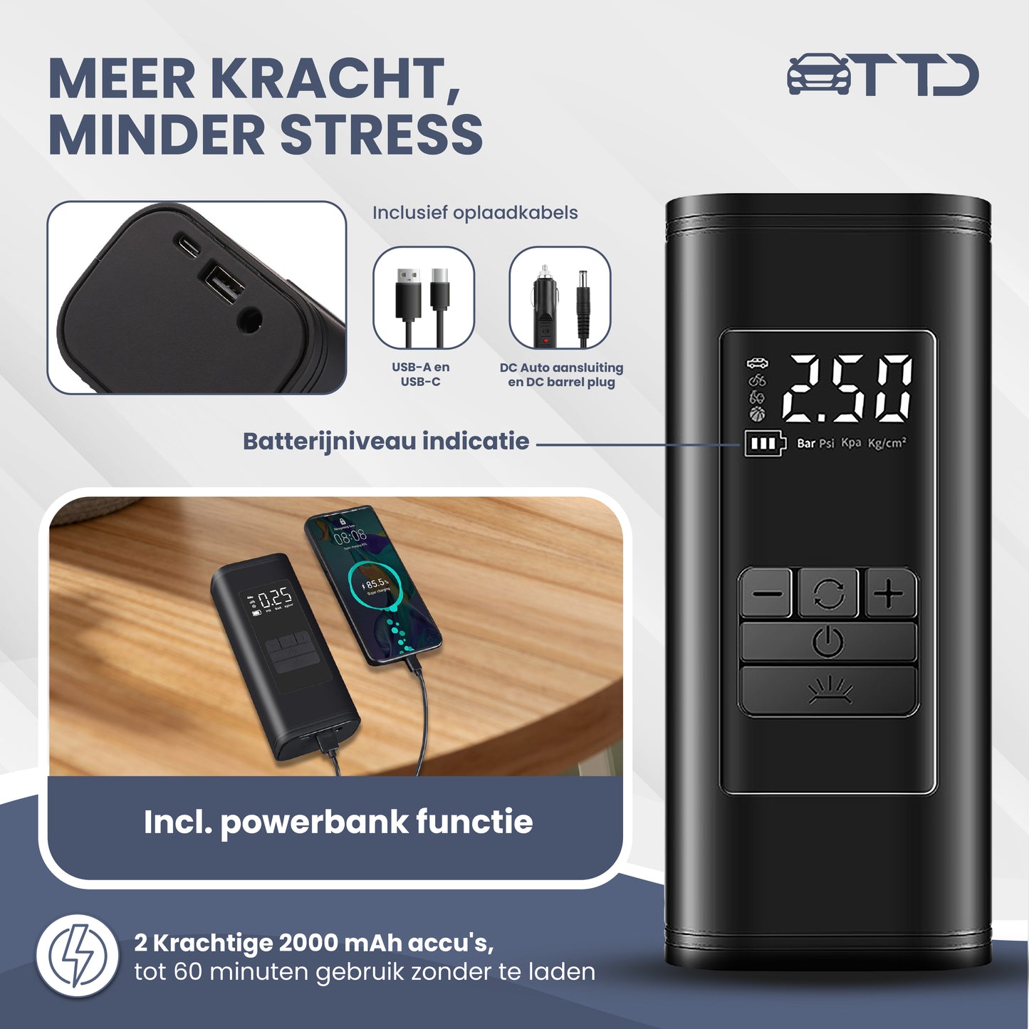 TTD® Draagbare Elektrische Fietspomp en Bandenpomp Auto - Luchtcompressor - USB Oplaadbaar - Met Powerbank - Zaklampfunctie - 2x Krachtige 2000 mAh Accu's
