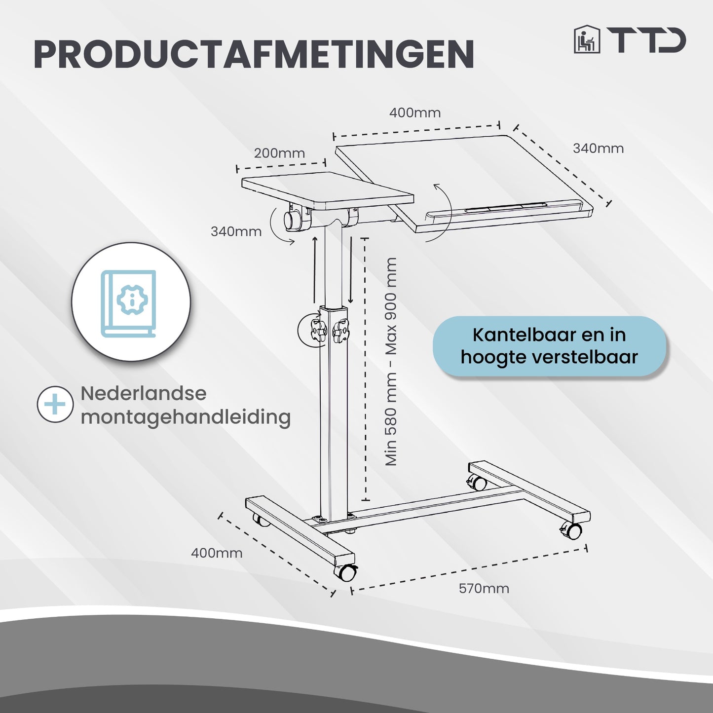 TTD® Premium Bijzettafel op Wieltjes met Rem - Laptoptafel Verstelbaar - Ergonomische Bedtafel op Wielen - 23 kg Draagkracht - Laptopstandaard - Verstelbaar in Hoek en in Hoogte - Zwart - Rechts
