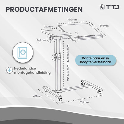 TTD® Premium Bijzettafel op Wieltjes met Rem - Laptoptafel Verstelbaar - Ergonomische Bedtafel op Wielen - 23 kg Draagkracht - Laptopstandaard - Verstelbaar in Hoek en in Hoogte - Zwart - Rechts