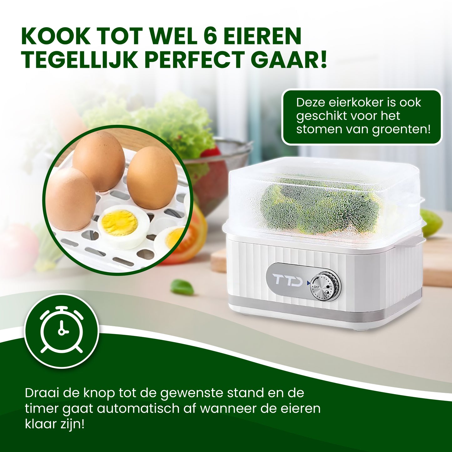 TTD® Smart Eierkoker Elektrisch met Timer - Eierwekker - Eierkoker Electrisch - Geschikt voor 1 tot 6 Eieren - Inclusief Eierprikker en Maatbeker - Met RVS Eiersnijder