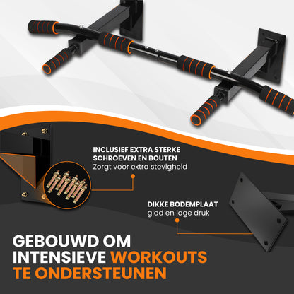 TTD® Premium Pull Up Bar - Pull Up Station - Optrekstang Wandmontage - Dip Station - Dip Bars - Thuis Sporten - Thuis Fitness - Premium materialen - Extra stevige tot 250KG - Inclusief montage onderdelen - Home workout - Zwart/Oranje