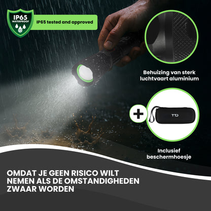 TTD® Militaire Zaklamp LED Oplaadbaar - LEP Technologie - IP65 Waterdicht - 1100 Lumen - 7 Uur Accu - Zoomfunctie - Powerbankfunctie - USB Oplaadbaar