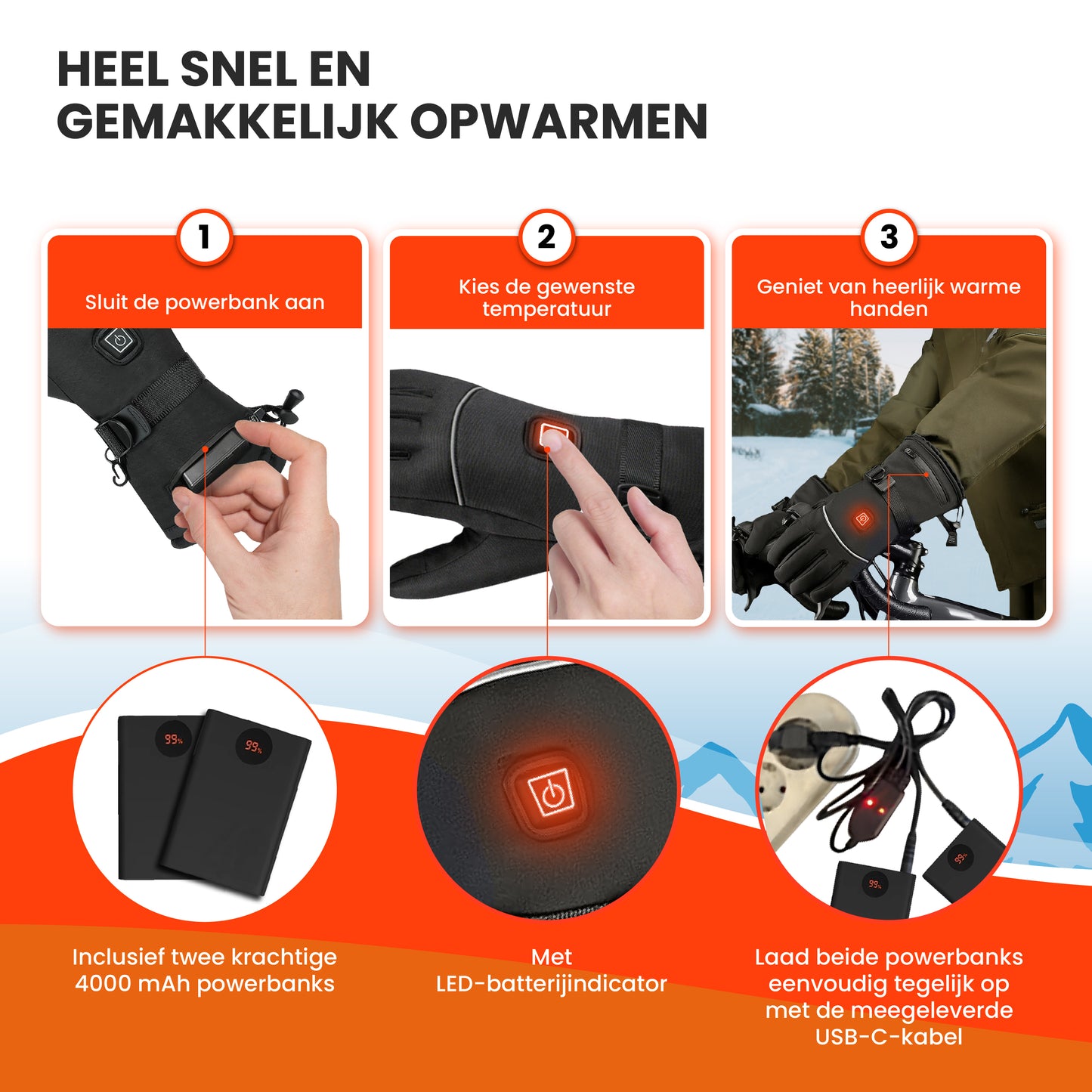 Verwarmde handschoenen large (L), USB-oplaadbaar, 40-60 °C, touchscreen & 3 warmtestanden