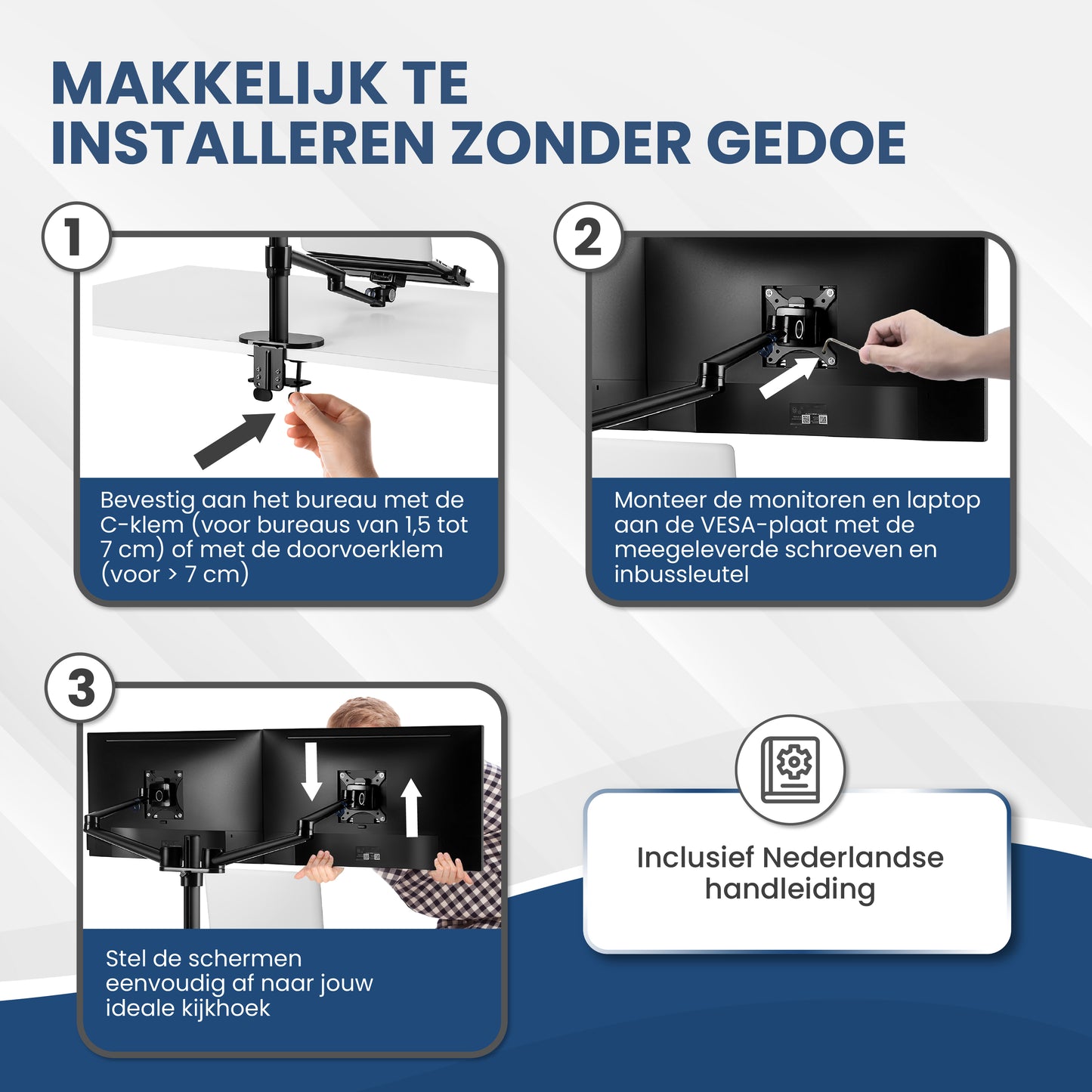 TTD® Monitor Arm 2 Schermen & Laptop - Monitor Arm 3 Schermen - Monitor Arm voor 2 Beeldschermen en 1 Laptop - Volledig Roteerbaar en in Hoogte Verstelbaar - 9 kg per Arm - Monitor Beugel - Zwart - Aluminium - Laptop Standaard Verstelbaar