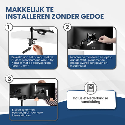 TTD® Monitor Arm 2 Schermen & Laptop - Monitor Arm 3 Schermen - Monitor Arm voor 2 Beeldschermen en 1 Laptop - Volledig Roteerbaar en in Hoogte Verstelbaar - 9 kg per Arm - Monitor Beugel - Zwart - Aluminium - Laptop Standaard Verstelbaar