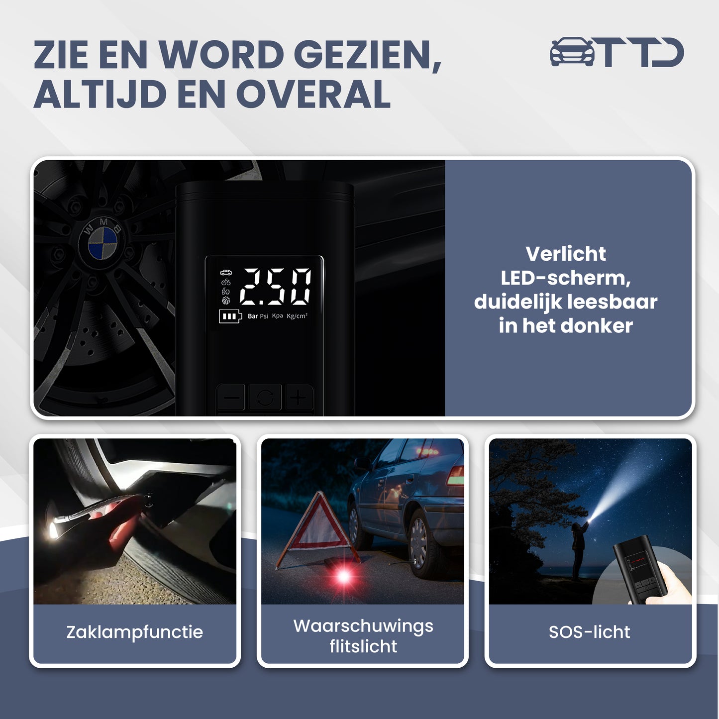 TTD® Draagbare Elektrische Fietspomp en Bandenpomp Auto - Luchtcompressor - USB Oplaadbaar - Met Powerbank - Zaklampfunctie - 2x Krachtige 2000 mAh Accu's