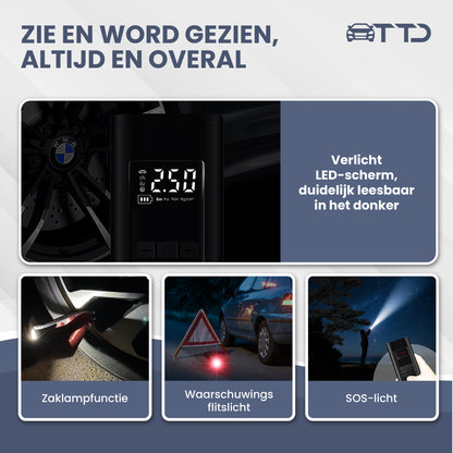 TTD® Draagbare Elektrische Fietspomp en Bandenpomp Auto - Luchtcompressor - USB Oplaadbaar - Met Powerbank - Zaklampfunctie - 2x Krachtige 2000 mAh Accu's
