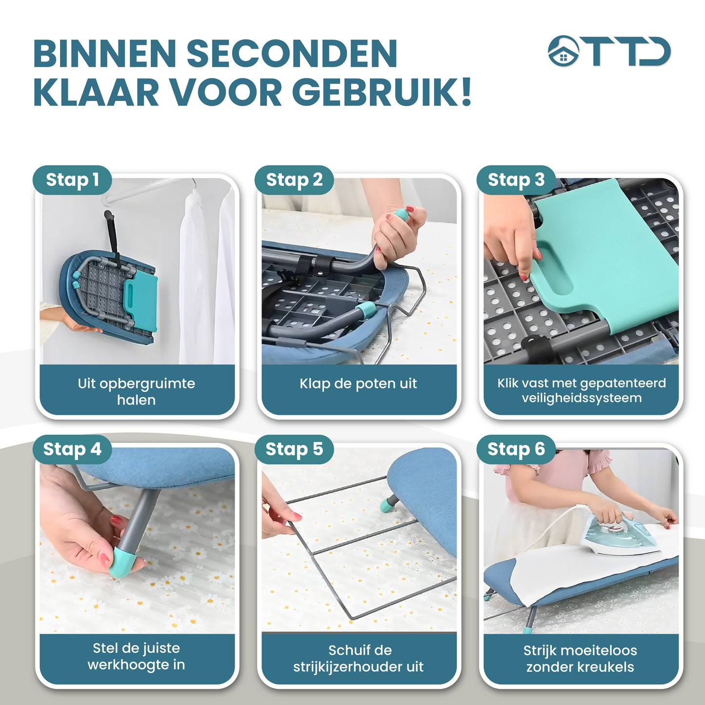 TTD® Uitklapbare Strijkplank Zonder Vouwlijn - Ophanglus - Mini Strijkplank met Strijkijzerhouder - Opvouwbare Tafelstrijkplank - Kleine Inklapbare Strijkplank