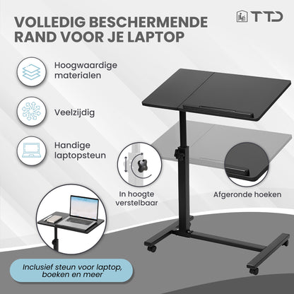 TTD® Premium Bijzettafel op Wieltjes met Rem - Laptoptafel Verstelbaar - Ergonomische Bedtafel op Wielen - 23 kg Draagkracht - Laptopstandaard - Verstelbaar in Hoek en in Hoogte - Zwart - Rechts