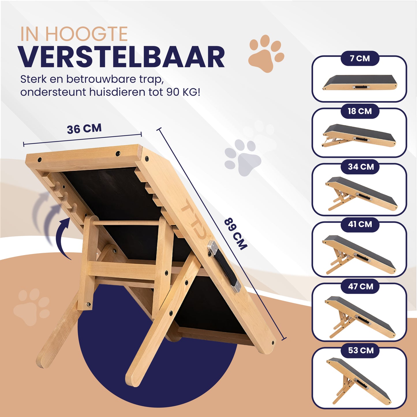 TTD® Premium houten Hondentrap - Hondenloopplank Opvouwbaar - Hondentrapje voor Honden - Voor Grote en Kleine Honden - Antislip - Met Landingsplatform - Instelbaar 18 tot 53 cm - Voor Bed en Bank - Berkenhout - Met Draaghandvat
