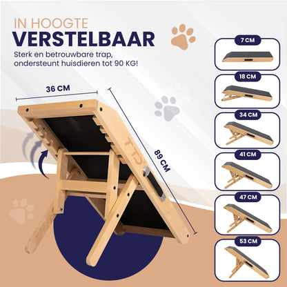TTD® Premium houten Hondentrap - Hondenloopplank Opvouwbaar - Hondentrapje voor Honden - Voor Grote en Kleine Honden - Antislip - Met Landingsplatform - Instelbaar 18 tot 53 cm - Voor Bed en Bank - Berkenhout - Met Draaghandvat