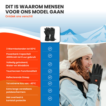 Verwarmde handschoenen large (L), USB-oplaadbaar, 40-60 °C, touchscreen & 3 warmtestanden