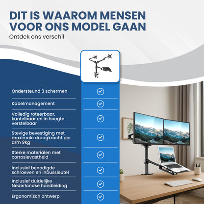 TTD® Monitor Arm 2 Schermen & Laptop - Monitor Arm 3 Schermen - Monitor Arm voor 2 Beeldschermen en 1 Laptop - Volledig Roteerbaar en in Hoogte Verstelbaar - 9 kg per Arm - Monitor Beugel - Zwart - Aluminium - Laptop Standaard Verstelbaar