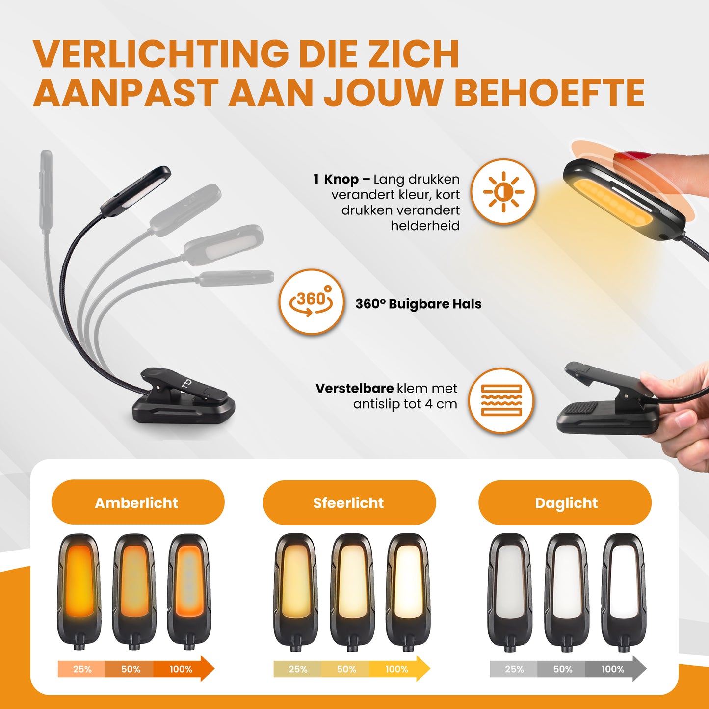 TTD® Leeslampje - 3 Soorten Licht - USB Oplaadbaar - Flexibele Hals - Opbergzakje