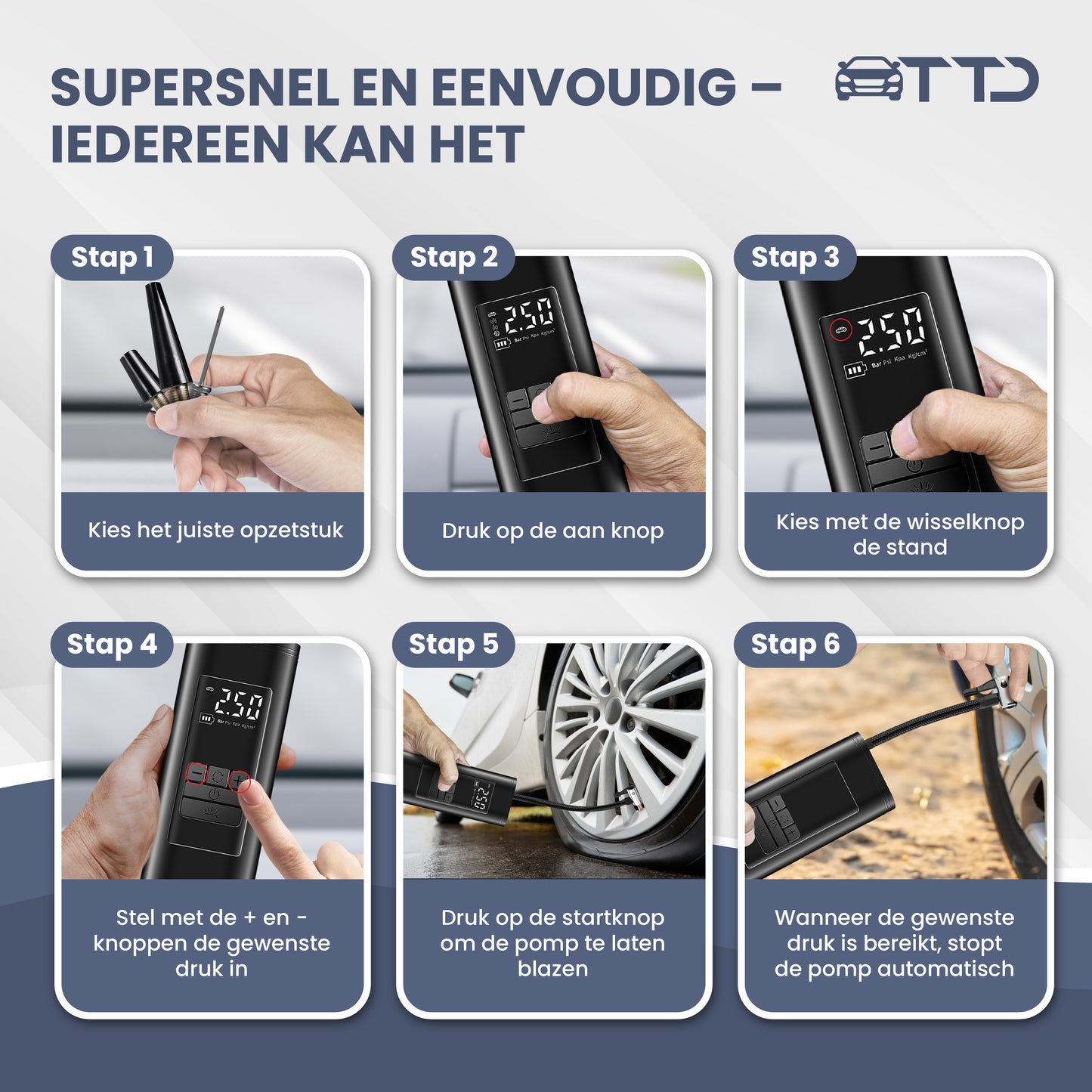 TTD® Draagbare Elektrische Fietspomp en Bandenpomp Auto - Luchtcompressor - USB Oplaadbaar - Met Powerbank - Zaklampfunctie - 2x Krachtige 2000 mAh Accu's