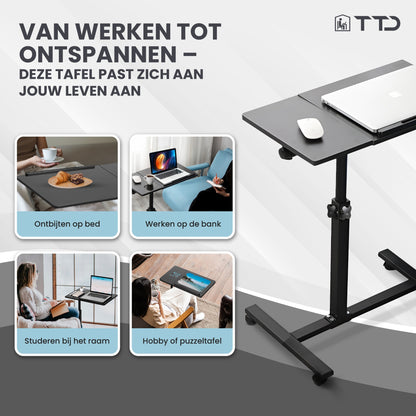 TTD® Premium Bijzettafel op Wieltjes met Rem - Laptoptafel Verstelbaar - Ergonomische Bedtafel op Wielen - 23 kg Draagkracht - Laptopstandaard - Verstelbaar in Hoek en in Hoogte - Zwart - Rechts