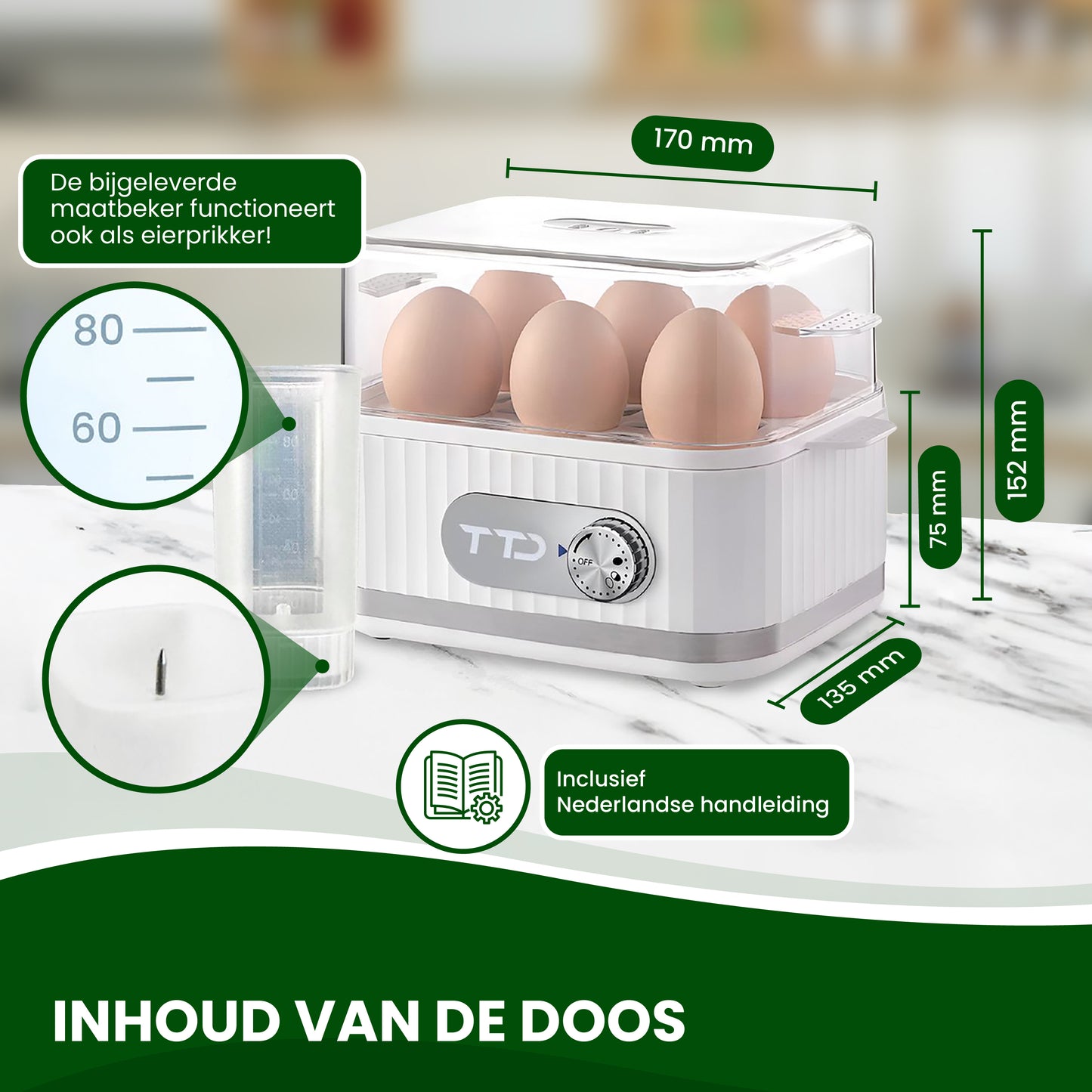 TTD® Smart Eierkoker Elektrisch met Timer - Eierwekker - Eierkoker Electrisch - Geschikt voor 1 tot 6 Eieren - Inclusief Eierprikker en Maatbeker - Met RVS Eiersnijder