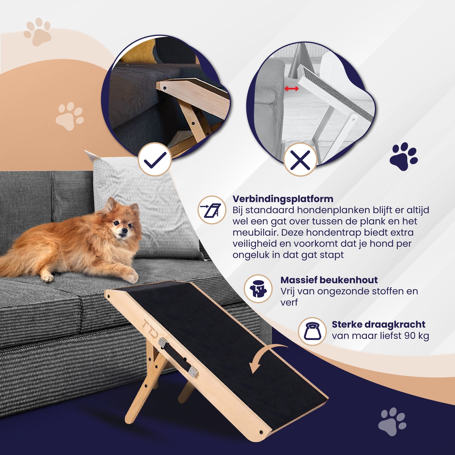 TTD® Premium houten Hondentrap - Hondenloopplank Opvouwbaar - Hondentrapje voor Honden - Voor Grote en Kleine Honden - Antislip - Met Landingsplatform - Instelbaar 18 tot 53 cm - Voor Bed en Bank - Berkenhout - Met Draaghandvat