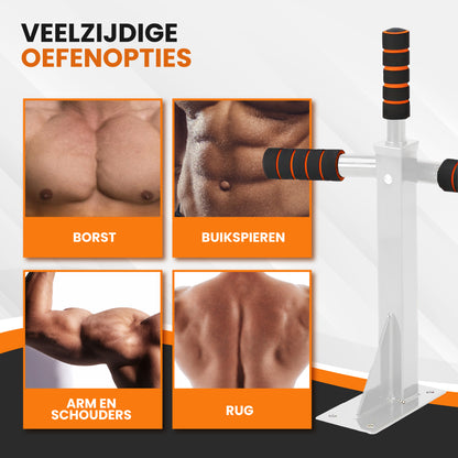 TTD® Premium Pull Up Bar - Pull Up Station - Optrekstang Wandmontage - Dip Station - Dip Bars - Thuis Sporten - Thuis Fitness - Premium materialen - Extra stevige montage onderdelen - Home workout - Wit/Oranje