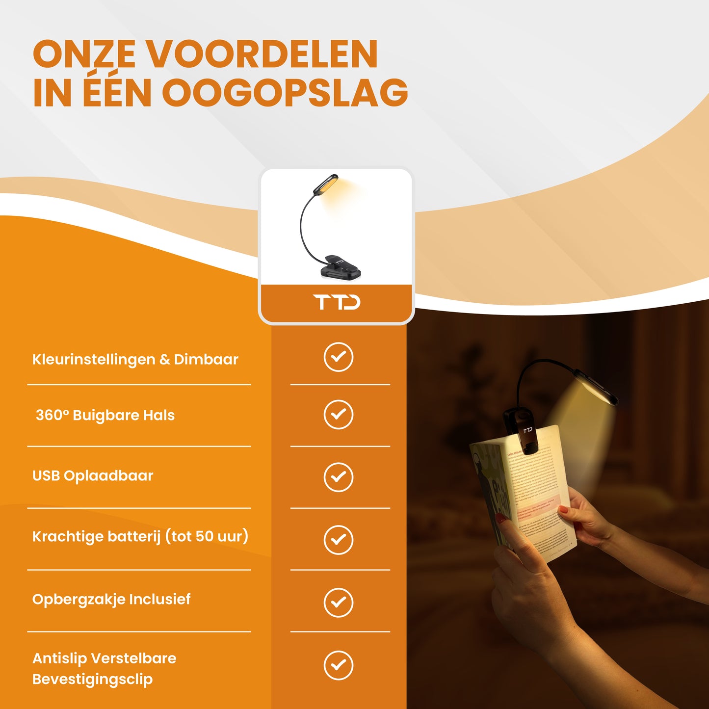 TTD® Leeslampje - 3 Soorten Licht - USB Oplaadbaar - Flexibele Hals - Opbergzakje