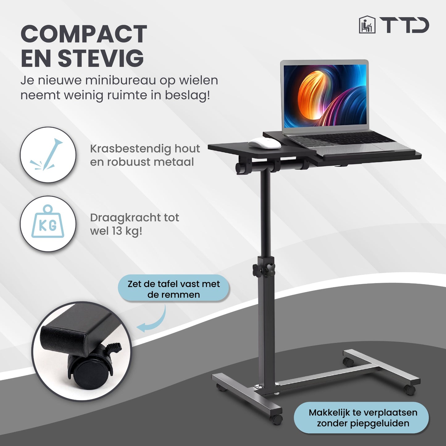 TTD® Premium Bijzettafel op Wieltjes met Rem - Laptoptafel Verstelbaar - Ergonomische Bedtafel op Wielen - 23 kg Draagkracht - Laptopstandaard - Verstelbaar in Hoek en in Hoogte - Zwart - Rechts