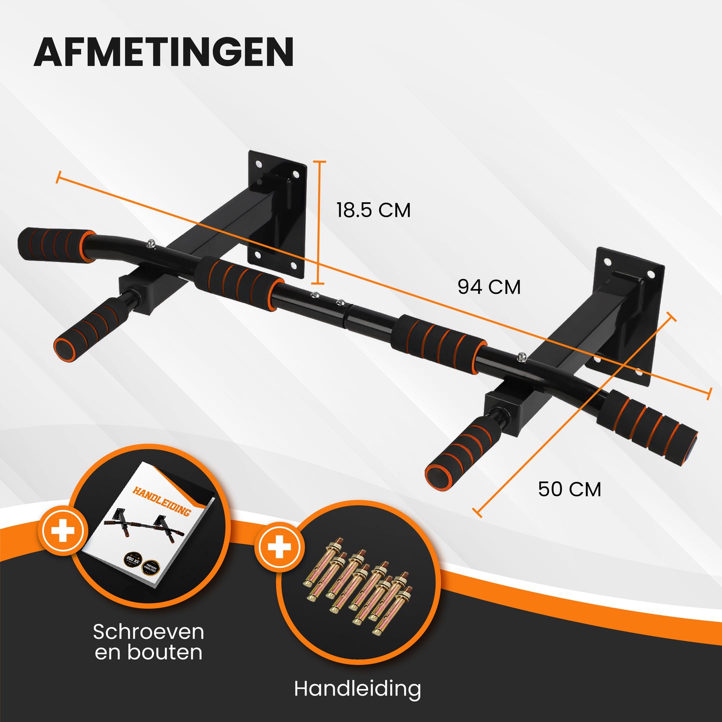 TTD® Premium Pull Up Bar - Pull Up Station - Optrekstang Wandmontage - Dip Station - Dip Bars - Thuis Sporten - Thuis Fitness - Premium materialen - Extra stevige tot 250KG - Inclusief montage onderdelen - Home workout - Zwart/Oranje