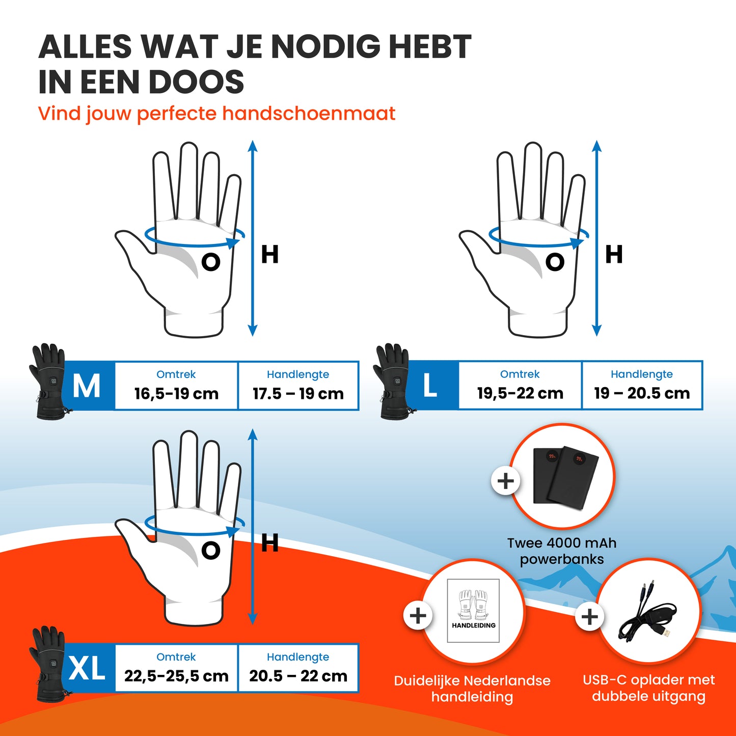 Verwarmde handschoenen large (L), USB-oplaadbaar, 40-60 °C, touchscreen & 3 warmtestanden