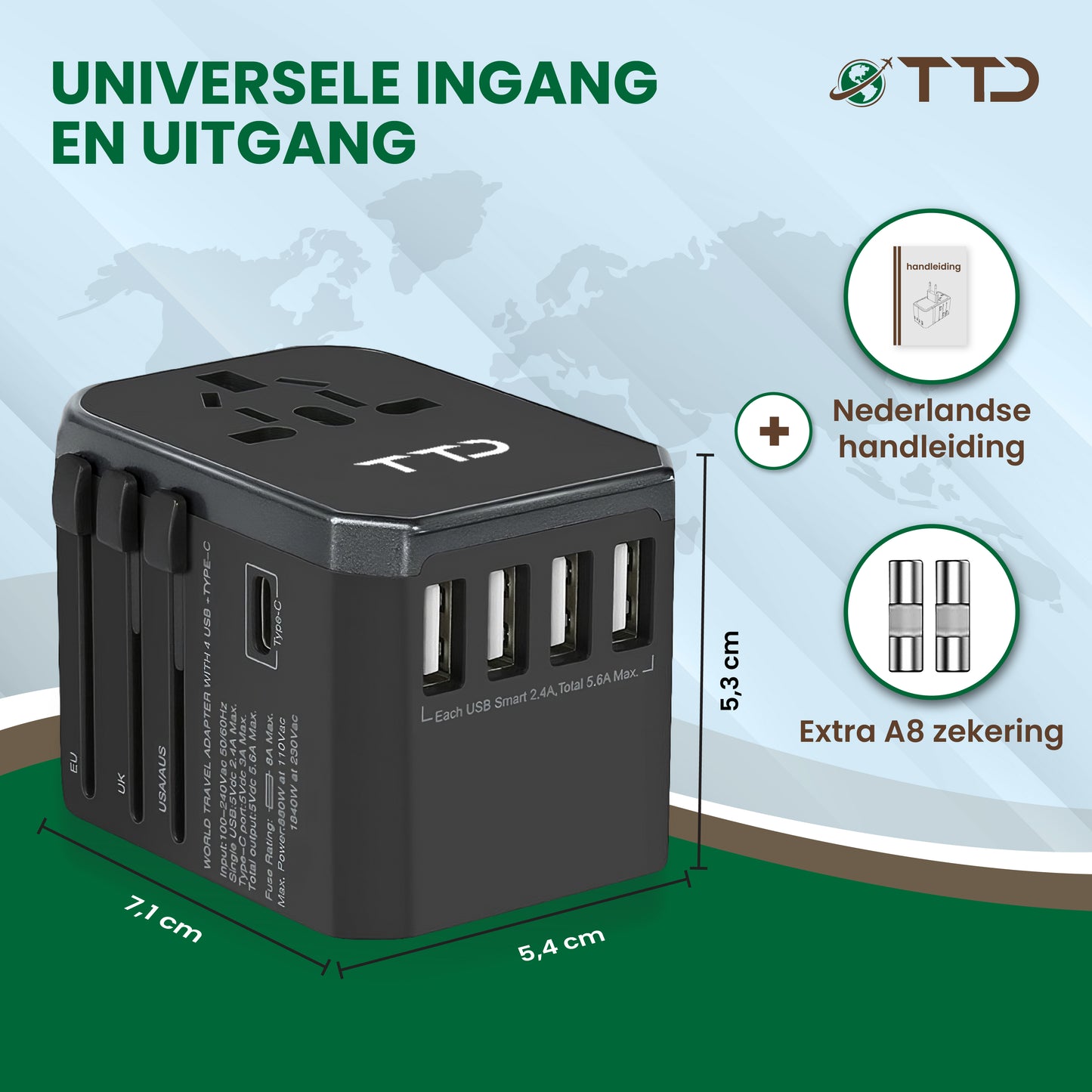 TTD® Wereldstekker Universeel - Reisstekker Type A B C E F G I met USB-C en 4x USB-A Fast Charge - Geschikt voor o.a. Amerika, Australië, Engeland en Japan - Reisadapter - Travel Adapter