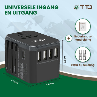 TTD® Wereldstekker Universeel - Reisstekker Type A B C E F G I met USB-C en 4x USB-A Fast Charge - Geschikt voor o.a. Amerika, Australië, Engeland en Japan - Reisadapter - Travel Adapter