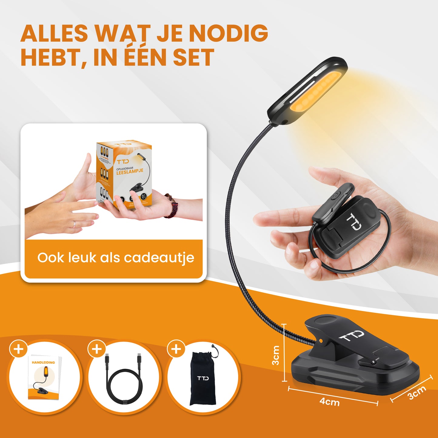 TTD® Leeslampje - 3 Soorten Licht - USB Oplaadbaar - Flexibele Hals - Opbergzakje