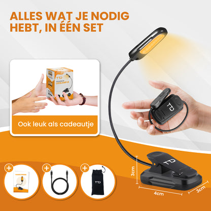 TTD® Leeslampje - 3 Soorten Licht - USB Oplaadbaar - Flexibele Hals - Opbergzakje