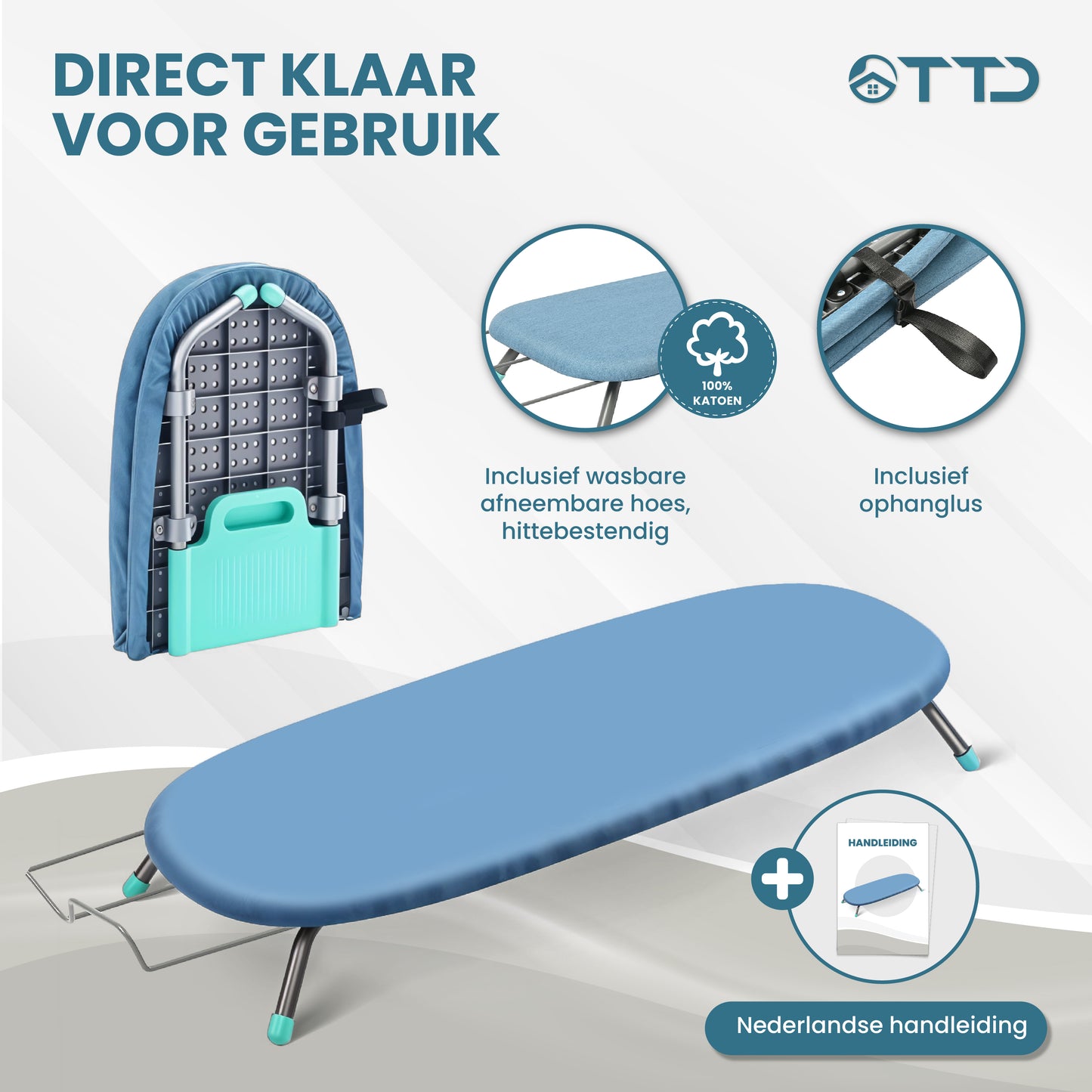 TTD® Uitklapbare Strijkplank Zonder Vouwlijn - Ophanglus - Mini Strijkplank met Strijkijzerhouder - Opvouwbare Tafelstrijkplank - Kleine Inklapbare Strijkplank