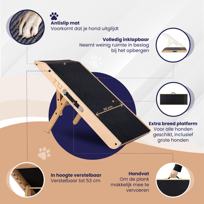 TTD® Premium houten Hondentrap - Hondenloopplank Opvouwbaar - Hondentrapje voor Honden - Voor Grote en Kleine Honden - Antislip - Met Landingsplatform - Instelbaar 18 tot 53 cm - Voor Bed en Bank - Berkenhout - Met Draaghandvat