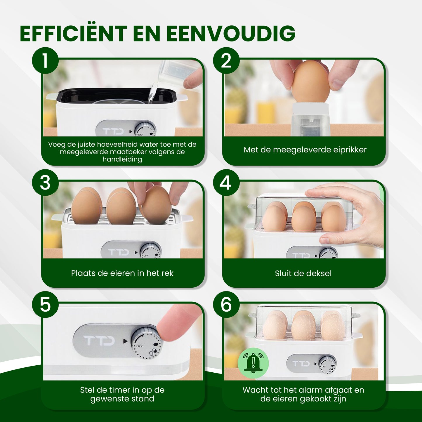 TTD® Smart Eierkoker Elektrisch met Timer - Geschikt voor 1 tot 6 Eieren - Hardgekookt, Zachtgekookt of Halfzacht - Eierwekker - Eierkoker Electrisch - Inclusief Eierprikker en Maatbeker