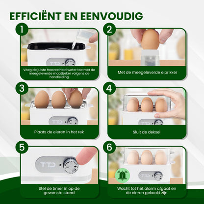 TTD® Smart Eierkoker Elektrisch met Timer - Eierwekker - Eierkoker Electrisch - Geschikt voor 1 tot 6 Eieren - Inclusief Eierprikker en Maatbeker - Met RVS Eiersnijder
