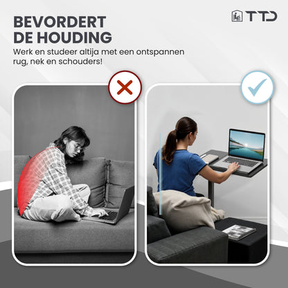 TTD® Premium Bijzettafel op Wieltjes met Rem - Laptoptafel Verstelbaar - Ergonomische Bedtafel op Wielen - 23 kg Draagkracht - Laptopstandaard - Verstelbaar in Hoek en in Hoogte - Zwart - Rechts