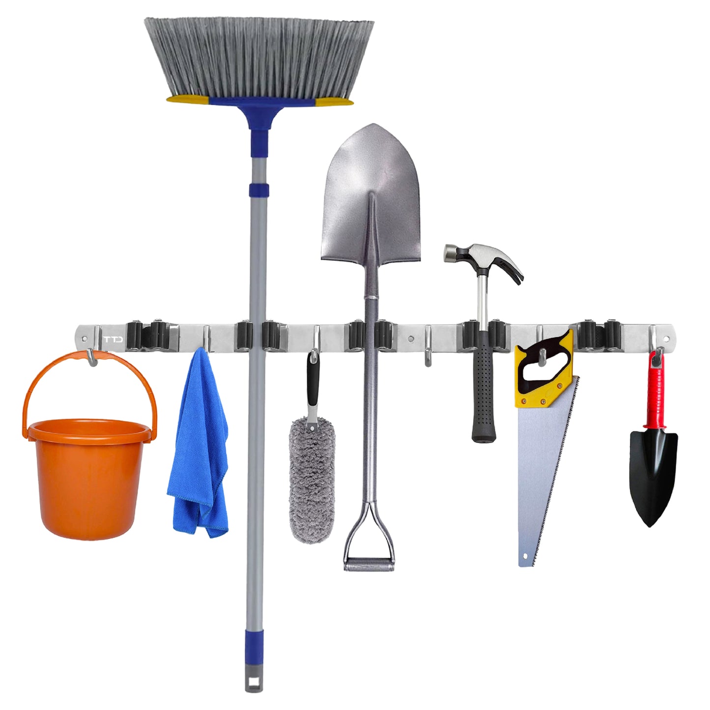 TTD® Luxe XXL Bezemhouder en Bezem Ophangsysteem voor Gereedschap - Bezemhouder Zelfklevend - Gereedschapshouder - Schoonmaak - 5 Ophanghaken & 6 Gereedschapsklemmen - Opbergsysteem - Tuingereedschap - Klussen - 62 CM - RVS - Inclusief 3M tape
