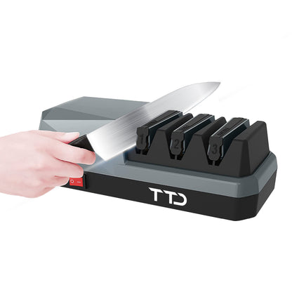 TTD® Premium Messenslijper Elektrisch - 3 Standen - Voorbewerken, Slijpen en Polijsten - Antislip - Doortrekslijper - Knife Sharpener - Aanzetstaal voor Messen