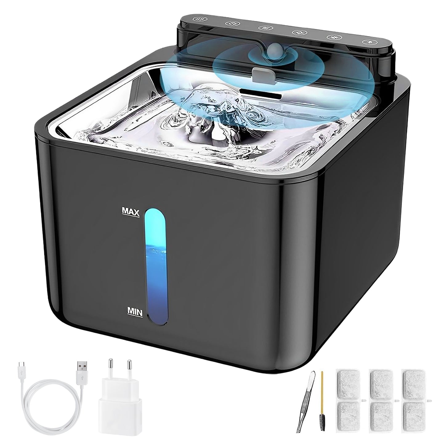 TTD® Luxe Premium RVS Drinkfontein met Sensor - Draadloze Drinkfontein Geschikt voor Hond en Kat - Extra Groot Reservoir van 3.2 L - 4000mAh Batterij - RVS- BPA Vrij - Incl. 3 Filters en Cleaning Tool - Fluisterstil