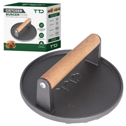 TTD® Hamburgerpers Gietijzer XL - Hamburgermaker Extra Zwaar - Hittebestendig - Strakke Grillgroeven - BBQ Accesoires - Barbecue Accessoires - Smash Burger - BBQ Gereedschap