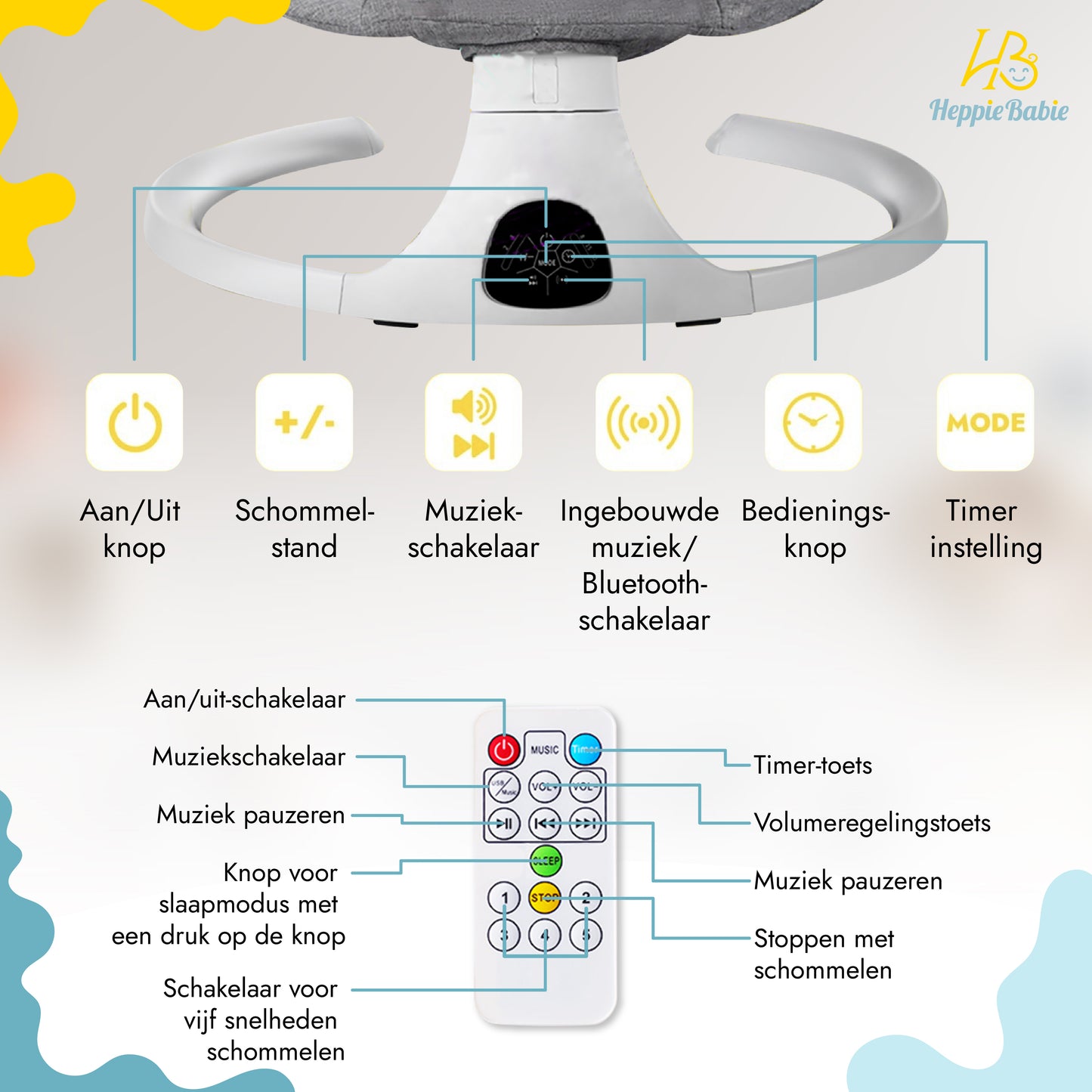 HeppieBabie Elektrische Wipstoel - Muziek en Swing Opties - 5 Punts Gordel - Babyschommel- Schommelstoel - Baby Swing - Met Ebook