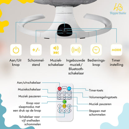 HeppieBabie Elektrische Wipstoel - Muziek en Swing Opties - 5 Punts Gordel - Babyschommel- Schommelstoel - Baby Swing - Met Ebook