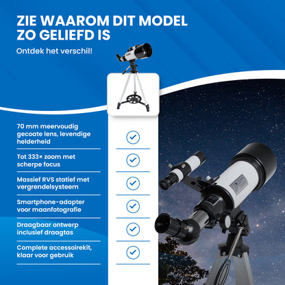 TTD® Sterrenkijker Telescoop voor Kinderen en Volwassenen – 333x Zoom – HD 70 mm Lens – Met Statief - Weerbestendig