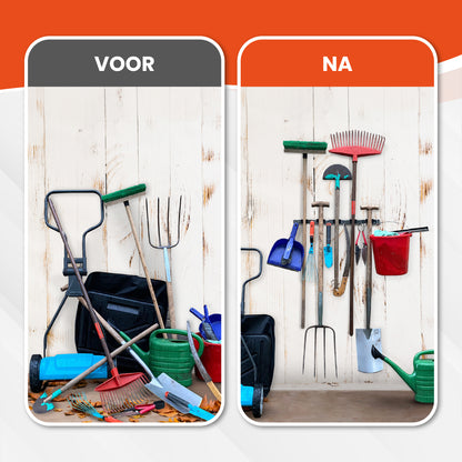 TTD® Luxe XXL Bezemhouder en Bezem Ophangsysteem voor Gereedschap - Bezemhouder Zelfklevend - Gereedschapshouder - Schoonmaak - 5 Ophanghaken & 6 Gereedschapsklemmen - Opbergsysteem - Tuingereedschap - Klussen - 62 CM - RVS - Inclusief 3M tape