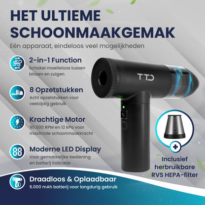 TTD® Air Duster Pro 2-in-1 - Draadloze Airduster & Kruimeldief met 8 Opzetstukken en LED Display - 90.000 RPM Motor en 12kPa Zuigkracht - Perslucht - Compressed Air voor Computer - USB-Oplaadbaar