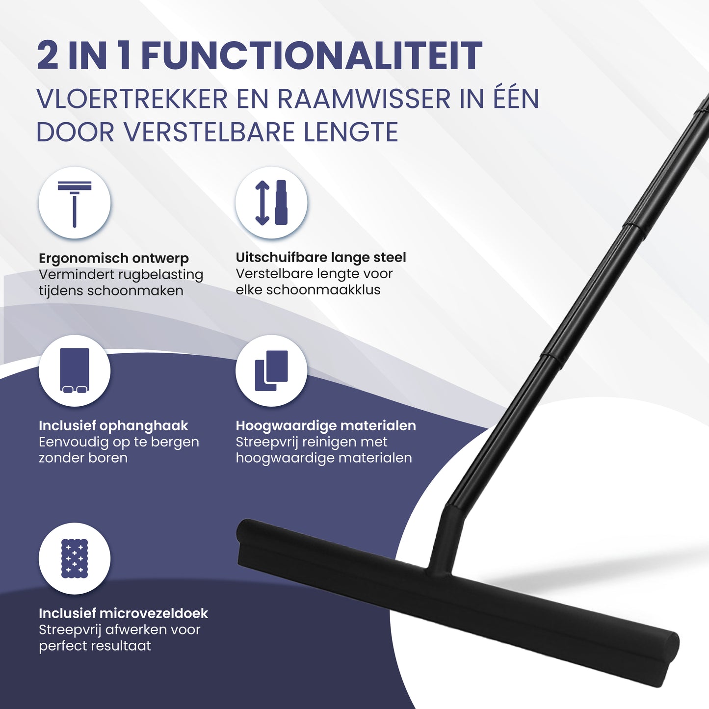 TTD® Douchewisser 2-in-1 met Uitschuifbare Lange Steel - 97 cm - Siliconen Wisserblad - Ergonomisch - Met Microvezeldoek en Ophanghaak - Douche Trekker - Vloerwisser Badkamer - Vloertrekker - Zwart