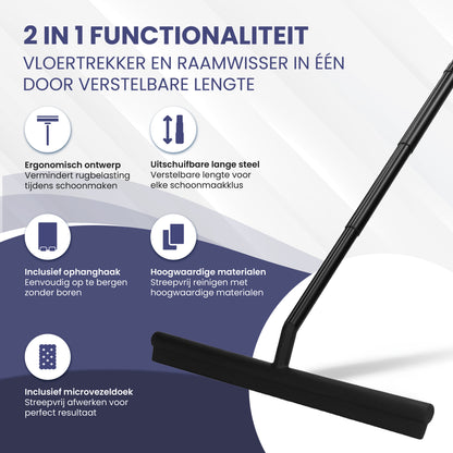 TTD® Douchewisser 2-in-1 met Uitschuifbare Lange Steel - 97 cm - Siliconen Wisserblad - Ergonomisch - Met Microvezeldoek en Ophanghaak - Douche Trekker - Vloerwisser Badkamer - Vloertrekker - Zwart