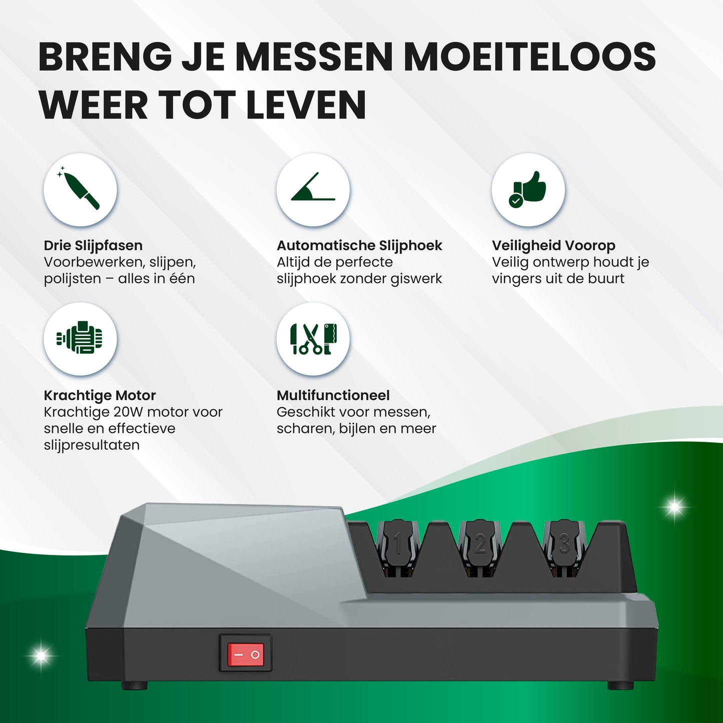 TTD® Premium Messenslijper Elektrisch - 3 Standen - Voorbewerken, Slijpen en Polijsten - Antislip - Doortrekslijper - Knife Sharpener - Aanzetstaal voor Messen