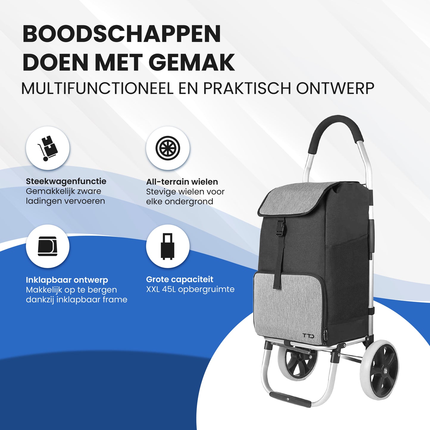 TTD® Boodschappentrolley met Steekwagenfunctie - Opvouwbaar Frame - 45L - Ruime Zijvakken - Boodschappenwagen - Waterdicht - All-Terrain Wielen - Boodschappenkar